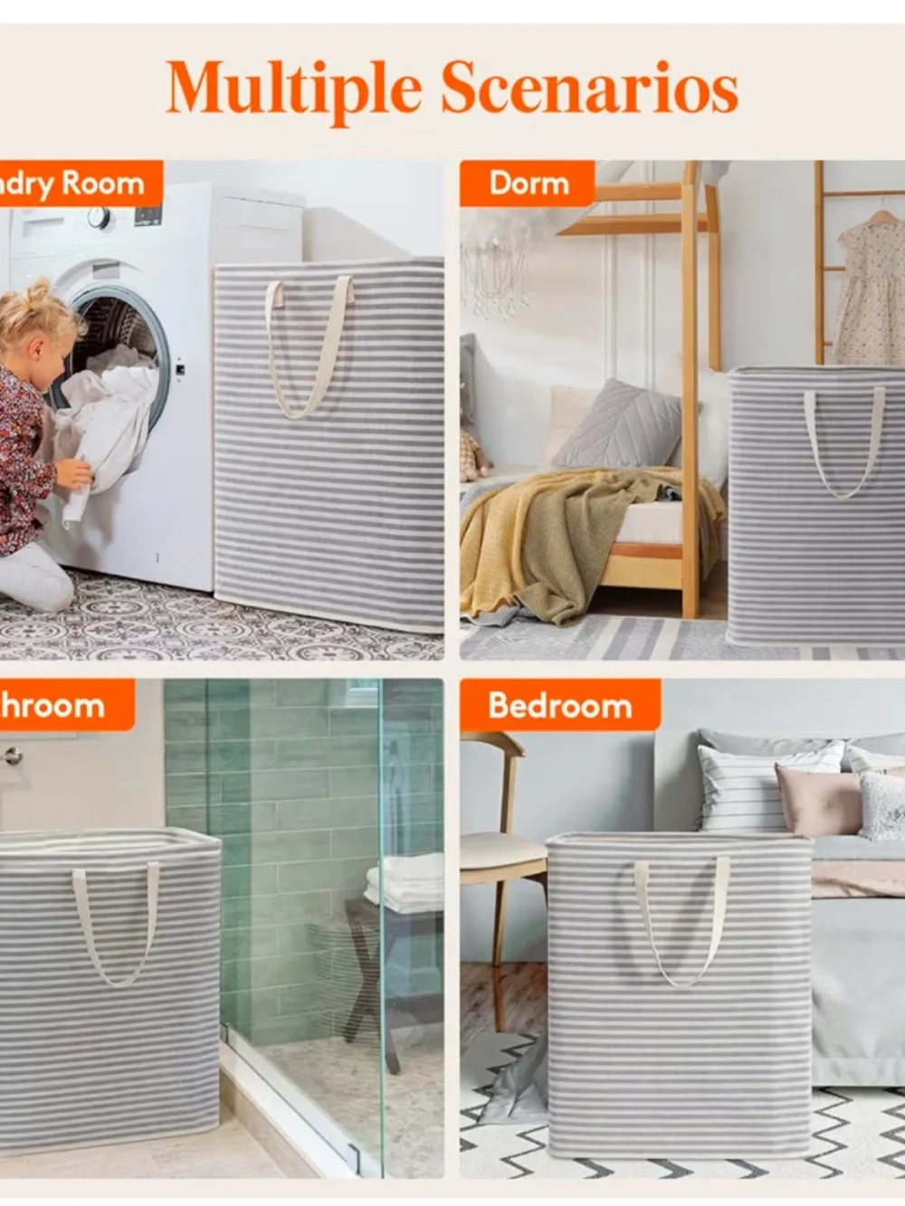 Striped Gray Fabric Laundry Hamper with Handles